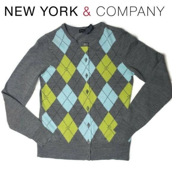 New York & Company Argyle Cardigan Sweater Gray green Rhinestone Accent button S - Picture 1 of 8